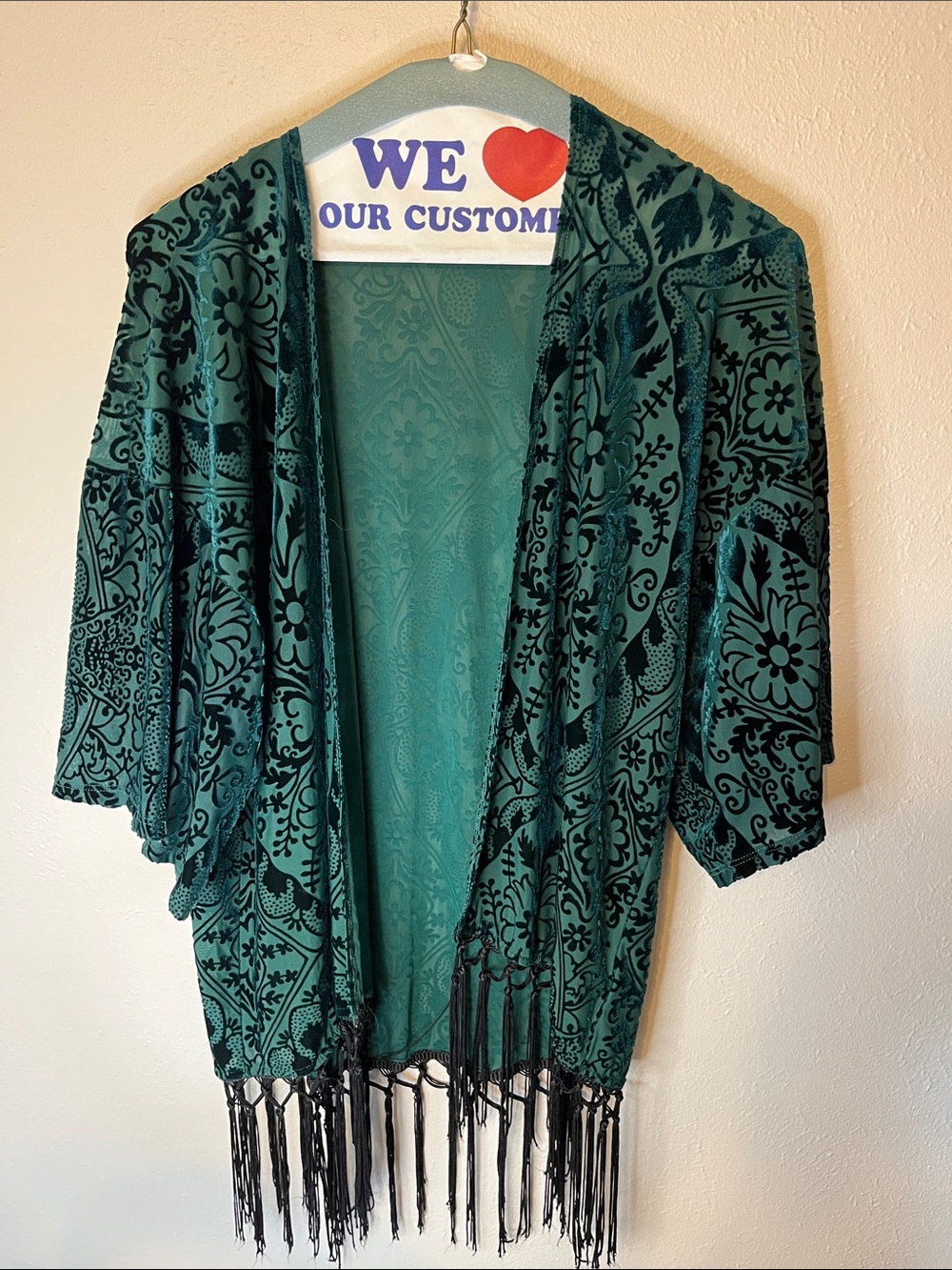 La Hearts Teal and Black Velvet Burnout Fringe Kimono